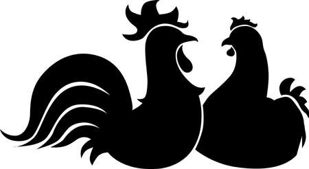 Hen and Rooster Cock Illustration of Farm Bird Animal - Black and White Poultry Art Sketch Logo Simple Symbol Isolated on Whiteのイラスト素材