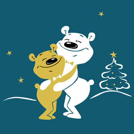 Cute bears Hugging - Christmas Winter Vector Illustration with Xmas Treeのイラスト素材