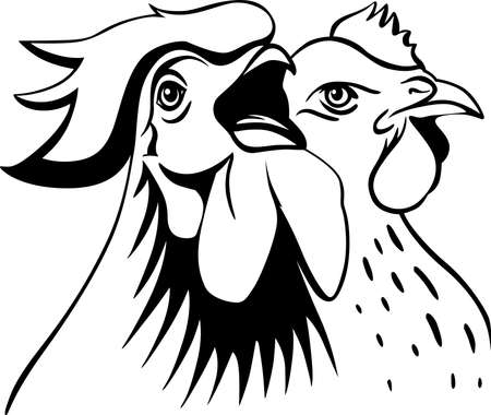 Hen and Rooster Cock Illustration of Farm Bird Animal - Black and White Poultry Art Sketch Logo Simple Symbolのイラスト素材