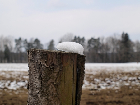 snow on a wooden stake. South Bohemiaの写真素材