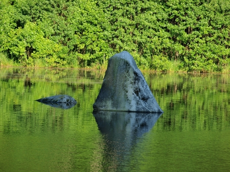 stone protrudes above the surface of the pond   South Bohemiaの写真素材