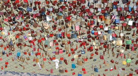 Locks of Love, a bridge over the river Salzach, Salzburg, Austriaの写真素材