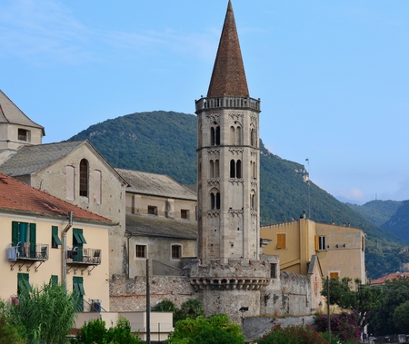 the bell tower of San Biagio Basilica, Finalborgo, Italyの写真素材