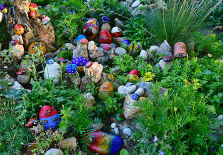 children's drawings painted on pebbles, South Bohemia, Czech Republicの写真素材