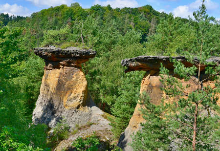 Cover is a rock formation formed by selective weathering of variously resistant sandstones and iron conglomerates. The shape resembles a column or a truncated cone ending in a lid, Czech Republicの写真素材
