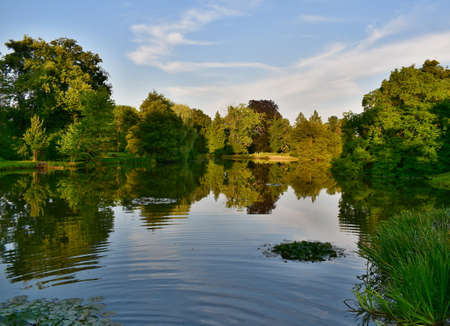 view of the pond in the castle park, castle Lednice, historical Lednice -Valtice area, South Moravia, Czech Republicのeditorial素材