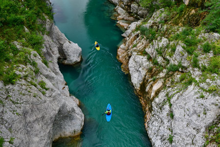 kayaking, SoÄa River, this Slovenian river is considered the most beautiful in the country, view from the Napoleon Bridge, Sloveniaの写真素材