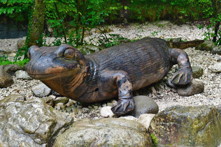 wooden sculpture of a lizard in the Almbachklamm gorge, Germanyの写真素材