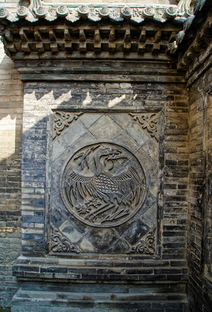 View of Wang's residential courtyard brick wall in Shanxi, Chinaのeditorial素材