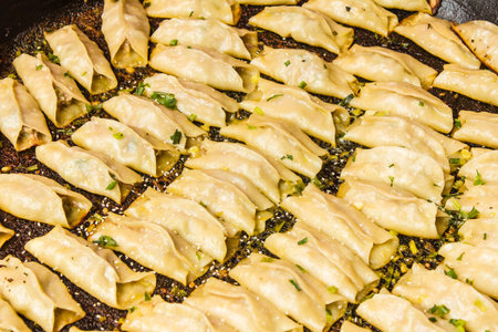 Fried dumplings with meat and vegetables on a pan.