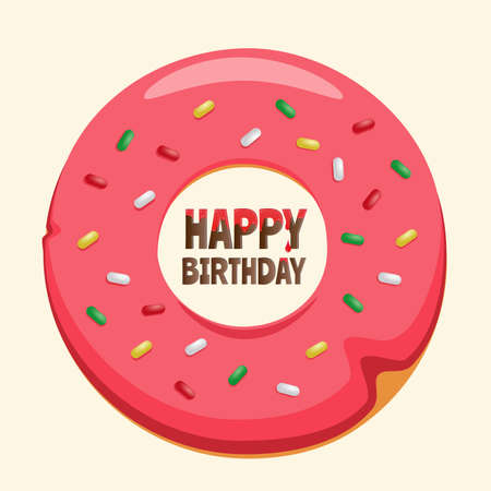 Colorful Happy Birthday poster design with donut. Greeting card, design template for birthday celebration. vector illustration.のイラスト素材