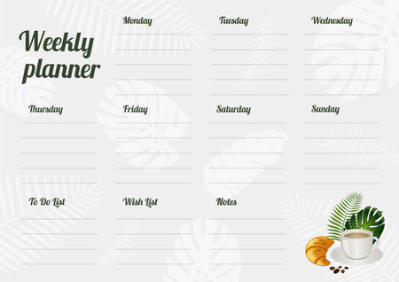 Weekly planner with a cup of coffee, a croissant and tropical plants. vector illustration.のイラスト素材