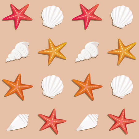 Summer seamless pattern with starfish and shells. vector illustration.のイラスト素材