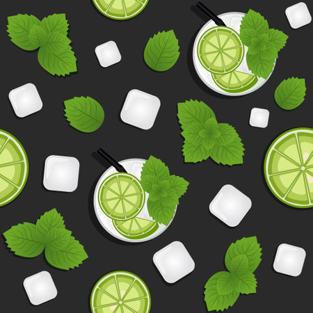 Seamless pattern with mojito, lime and mint. White, green and black colors. vector illustration.のイラスト素材
