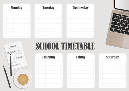 School timetable with a laptop and a cup of coffee . landscape orientation. vector illustration.のイラスト素材