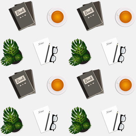 Seamless pattern with books, cups of tea, glasses and plants. vector illustration.のイラスト素材