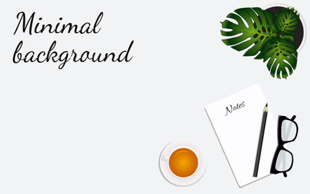 Background design with a plant, a cup of tea and a sheet for notes .Gray, green, orange and white colors. presentation template. vector illustration.のイラスト素材
