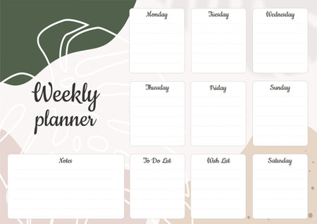 Weekly planner with plants. Beige, green and white colors. Vector illustration.のイラスト素材