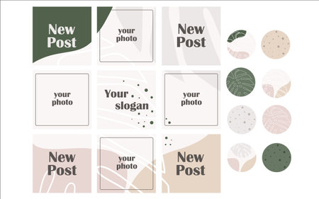 Design backgrounds for social media posts and icons with plants. Beige, green and rose colors. Vector illustration.のイラスト素材