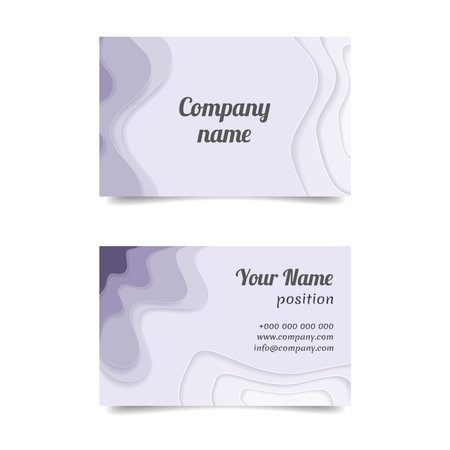 Business card template with paper cut shapes. Delicate purple and lilac colors. Vector illustration.のイラスト素材