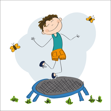 Happy boy jumping on the trampoline icon.のイラスト素材