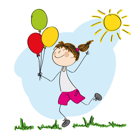 Girl holding colorful balloons icon.のイラスト素材