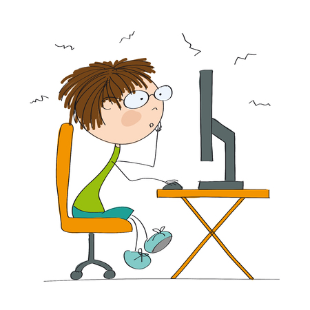 Young boy looking at the computer screen icon.のイラスト素材