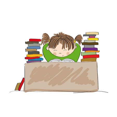 Exhausted girl preparing for examination icon.のイラスト素材