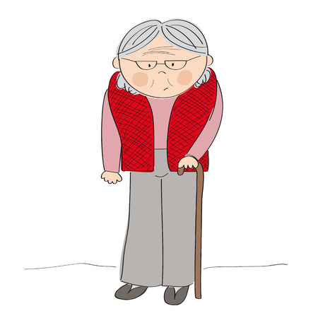 Old lady or grandmother with walking stick - standing cartoon character - original hand drawn illustrationのイラスト素材