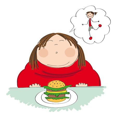 Fat woman with hamburger icon.のイラスト素材