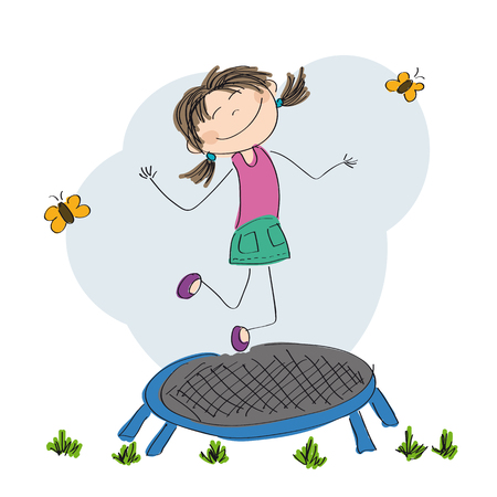 Happy girl jumping on the trampoline icon.のイラスト素材