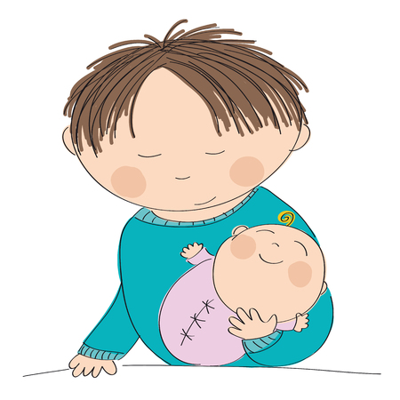 Happy young father holding his little baby girl - original hand drawn illustrationのイラスト素材