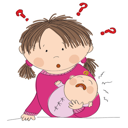 Puzzled young mother holding her crying baby girl. What to do? Why it is crying? Original hand drawn illustration.のイラスト素材