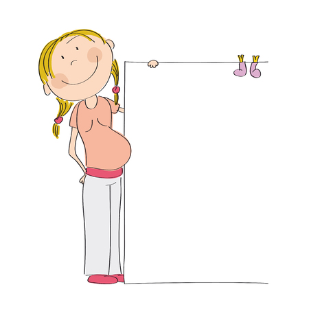 Happy young pregnant woman standing behind blank banner / board with pink baby booties pinned on it - space for your text on white background - it's a girl - original hand drawn illustration.のイラスト素材