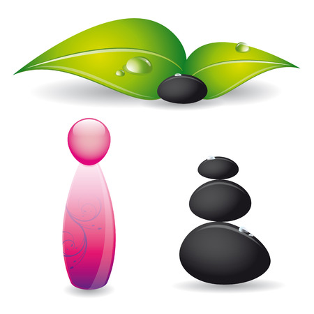 Spa and wellness vector set with black stones, green leaves and perfume bottleのイラスト素材