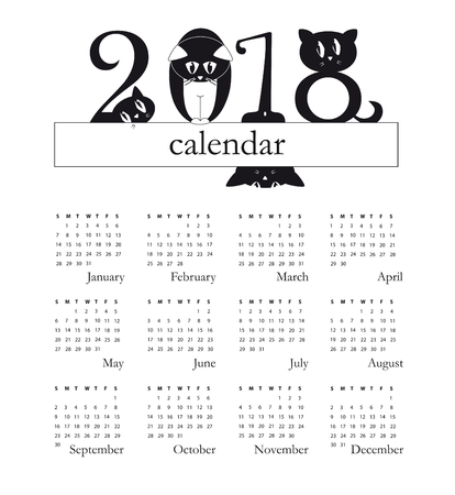 2018 calendar with funny cats as a digits - week starts on Sunday - original funny illustrationのイラスト素材