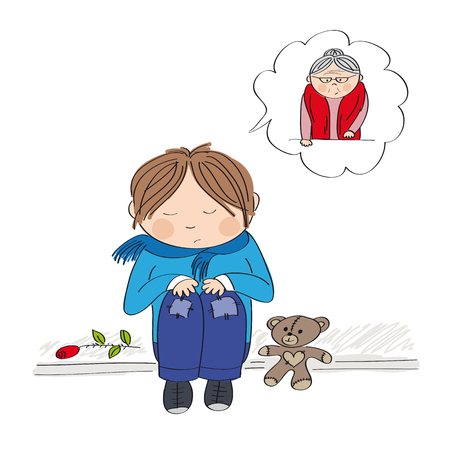 Sad and alone little boy sitting on the pavement, crying and remembering his granny he has lost - original hand drawn illustrationのイラスト素材