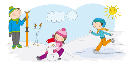 Children playing outside in the snow, boy skier, boy ice skating, girl making a snowmanのイラスト素材