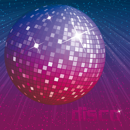 Purple disco ball on dark background with shining rays of light - vector illustrationのイラスト素材