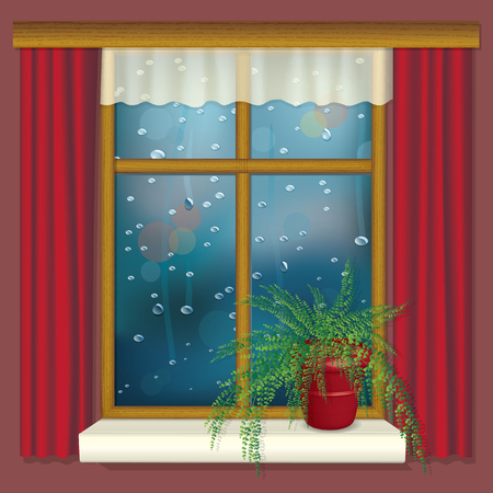 Realistic illustration of rainy window with curtains and flower on the window sillのイラスト素材
