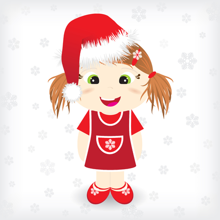 Christmas card with cute girl in christmas hat with christmas presentのイラスト素材