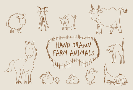 Hand drawn farm animals set including sheep, goat, pig, cow, horse, hen, chicken, rabbit, goose, cat and dogのイラスト素材