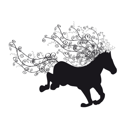 Silhouette of running horse with ornamental spiral mane and tailのイラスト素材