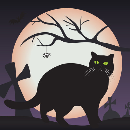 Black cat in the graveyard - full moon in the background - vector illustrationのイラスト素材