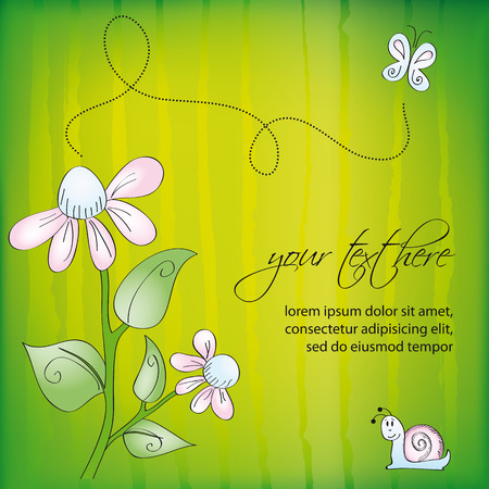 Floral background with hand drawn flowers, butterfly and snailのイラスト素材