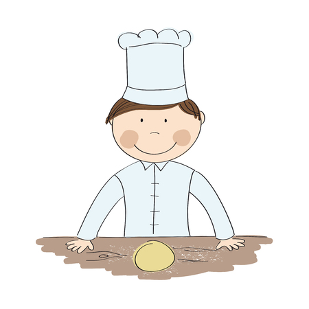 Happy chef standing behind the kitchen desk original hand drawn illustrationのイラスト素材