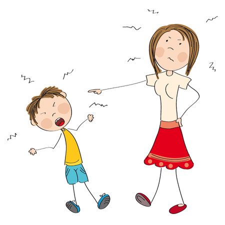 Mother angry with her naughty son, telling him off - original hand drawn illustrationのイラスト素材