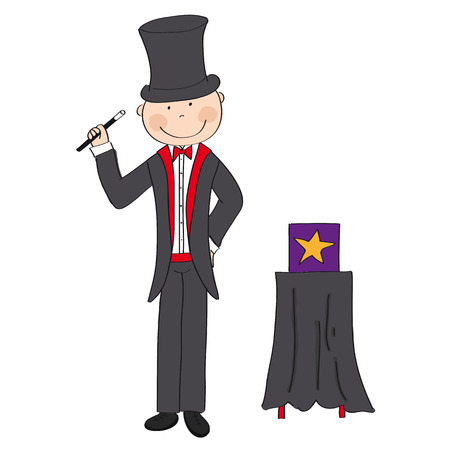 Magician / wizard standing next to the magic box and holding magic wand - original hand drawn illustrationのイラスト素材