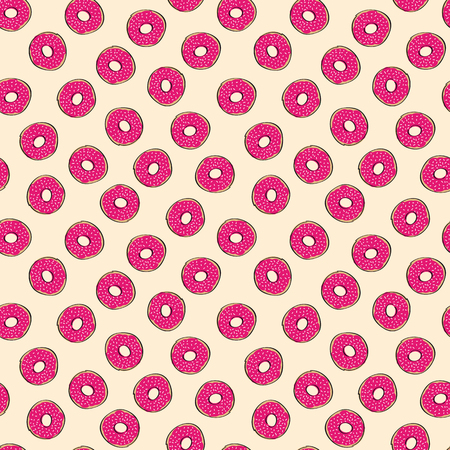 Donut seamless background - sweet donuts with pink strawberry topping on seamless pattern - original hand drawn illustrationのイラスト素材
