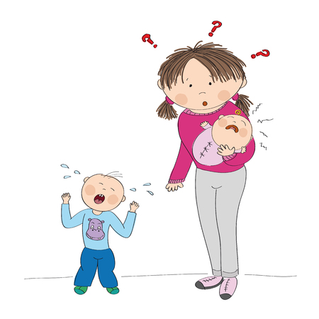 Young mother holding little crying baby girl, her second child, little toddler is standing, screaming, having temper tantrumのイラスト素材